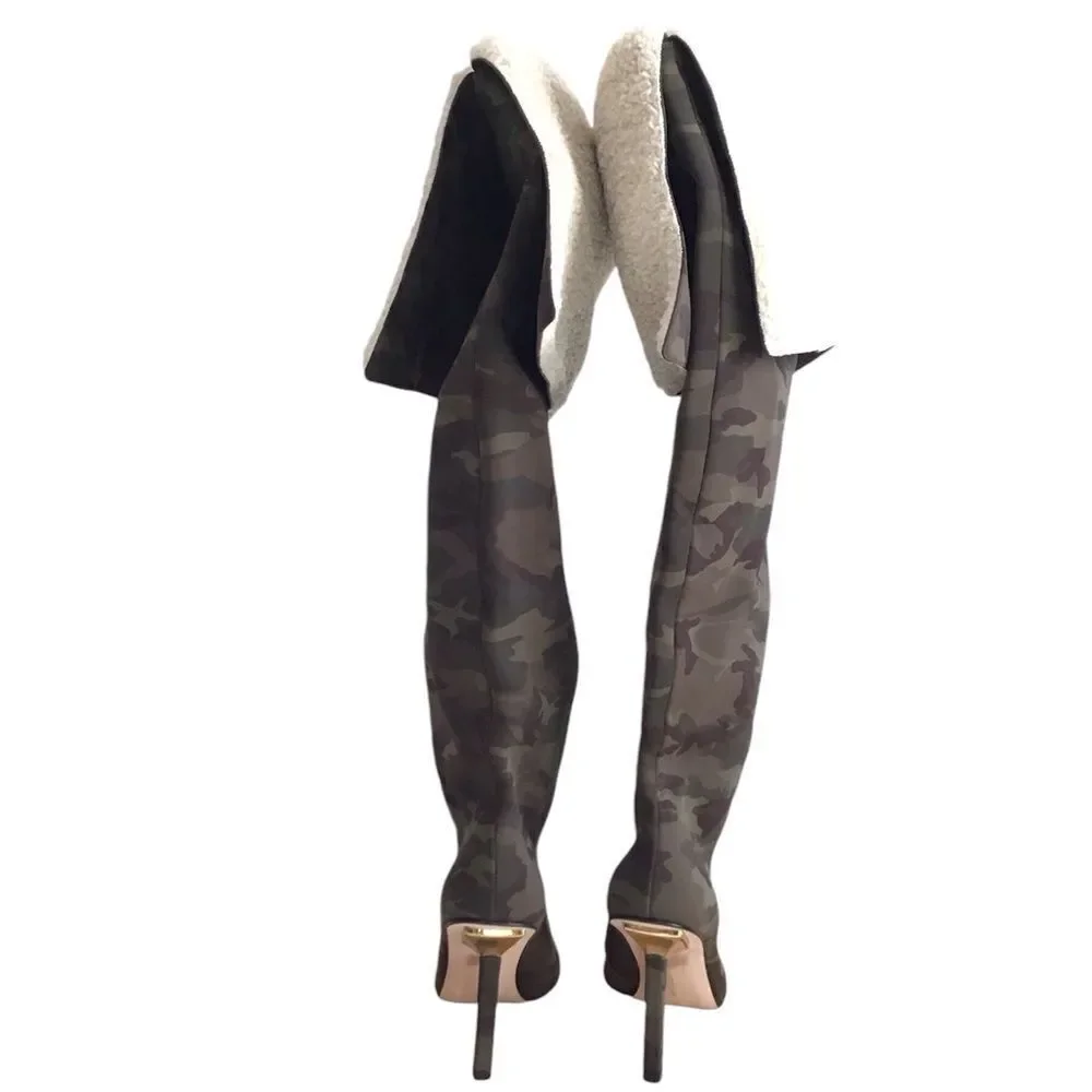 Good American Green Camo Neoprene High Kickstand Over The Knee Boots Size 9